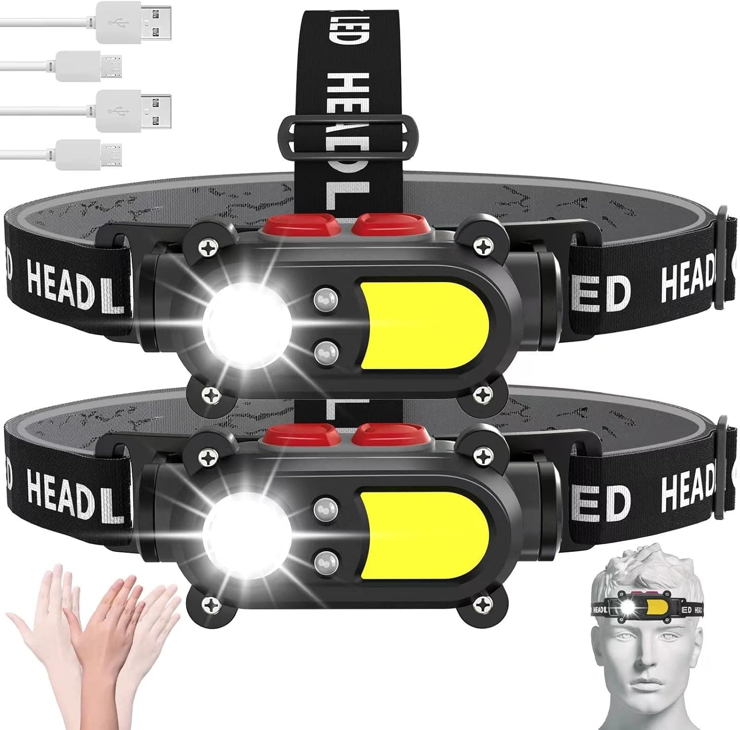 Headlamp Rechargeable 2 Pack, Head Lamp LED with Motion Sensor for Adults, Head Flashlight IPX4 Waterproof Adjustable Headband 1800mAh Battery Operated Head Light for Outdoor