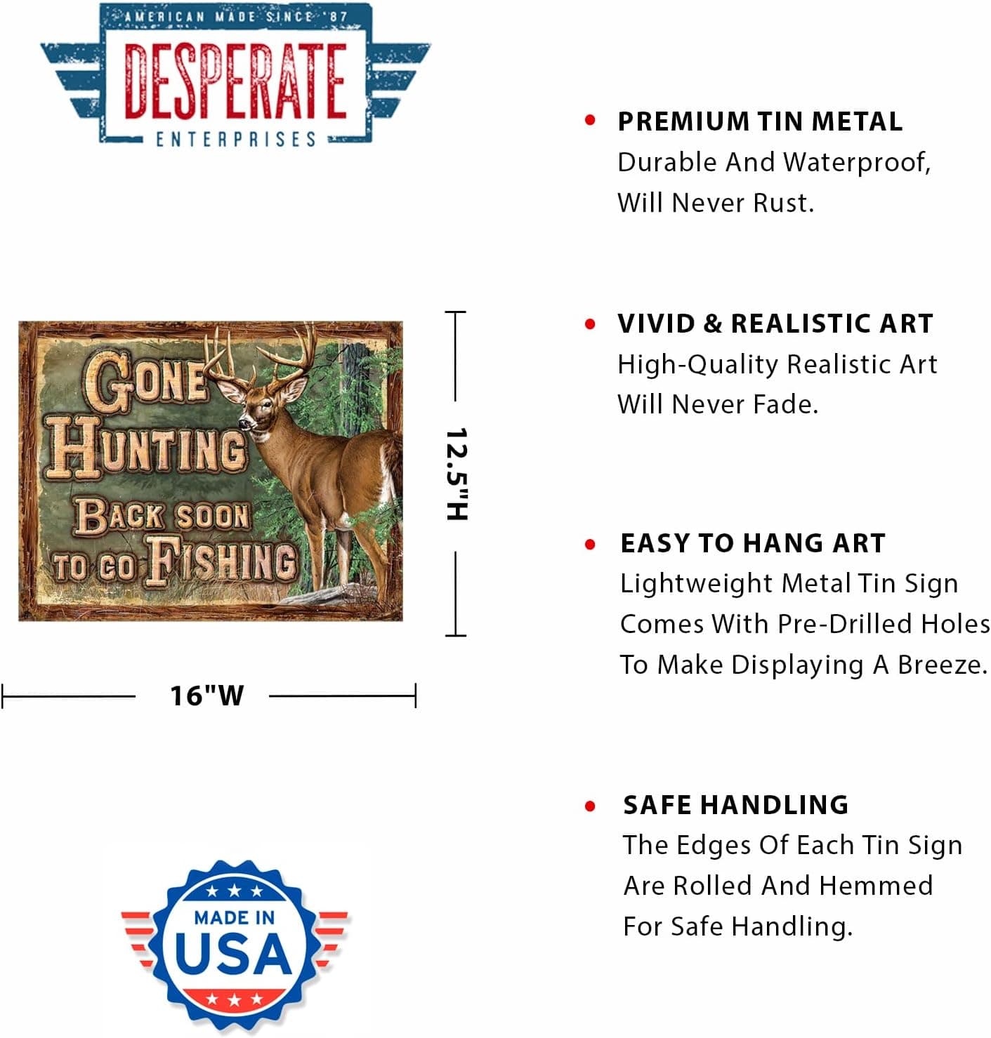 Desperate Enterprises Gone Hunting Tin Sign - Nostalgic Vintage Metal Wall Decor - Made in USA