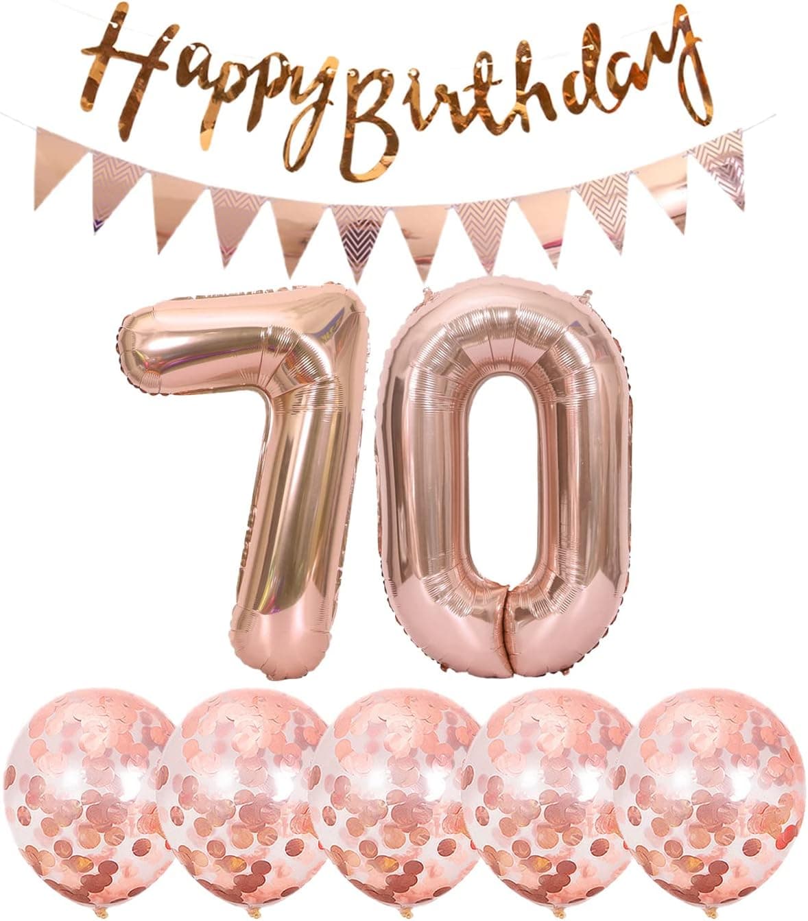 2 Balloons Number 70+ haappy Birthday Garland + Rose Gold Banner foil Balloon 70th Birthday Decoration+5 Confetti Balloons boy Girl 70 Year Birthday Decoration Number Balloon 70 Balloons 70 Birthday