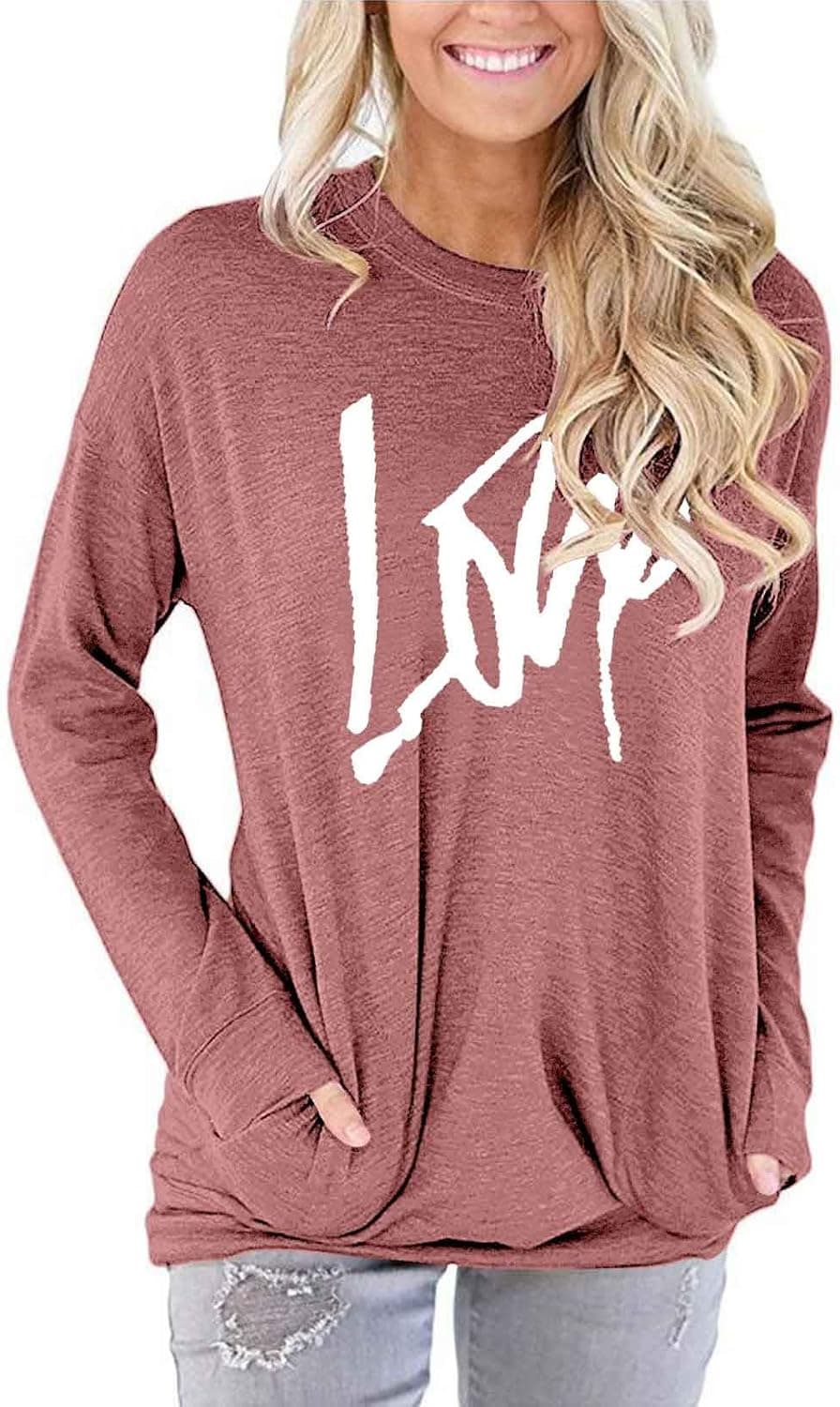 onlypuff Love Print Womens Shirt Baggy Top Casual Loose Fit Tunics for Leggings Pocket Shirt Red M
