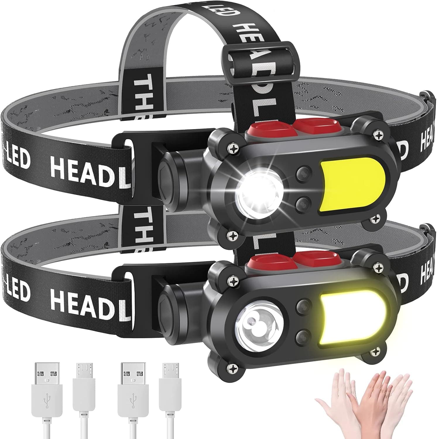 Headlamp Rechargeable 2Pack Motion Sensor LED Head Lamp Waterproof Flashlight with Adjustable Headband 1800mAh Battery Operated Wide Beam & Spotligh Bright Headlight for Outdoor Camping Running Hiking