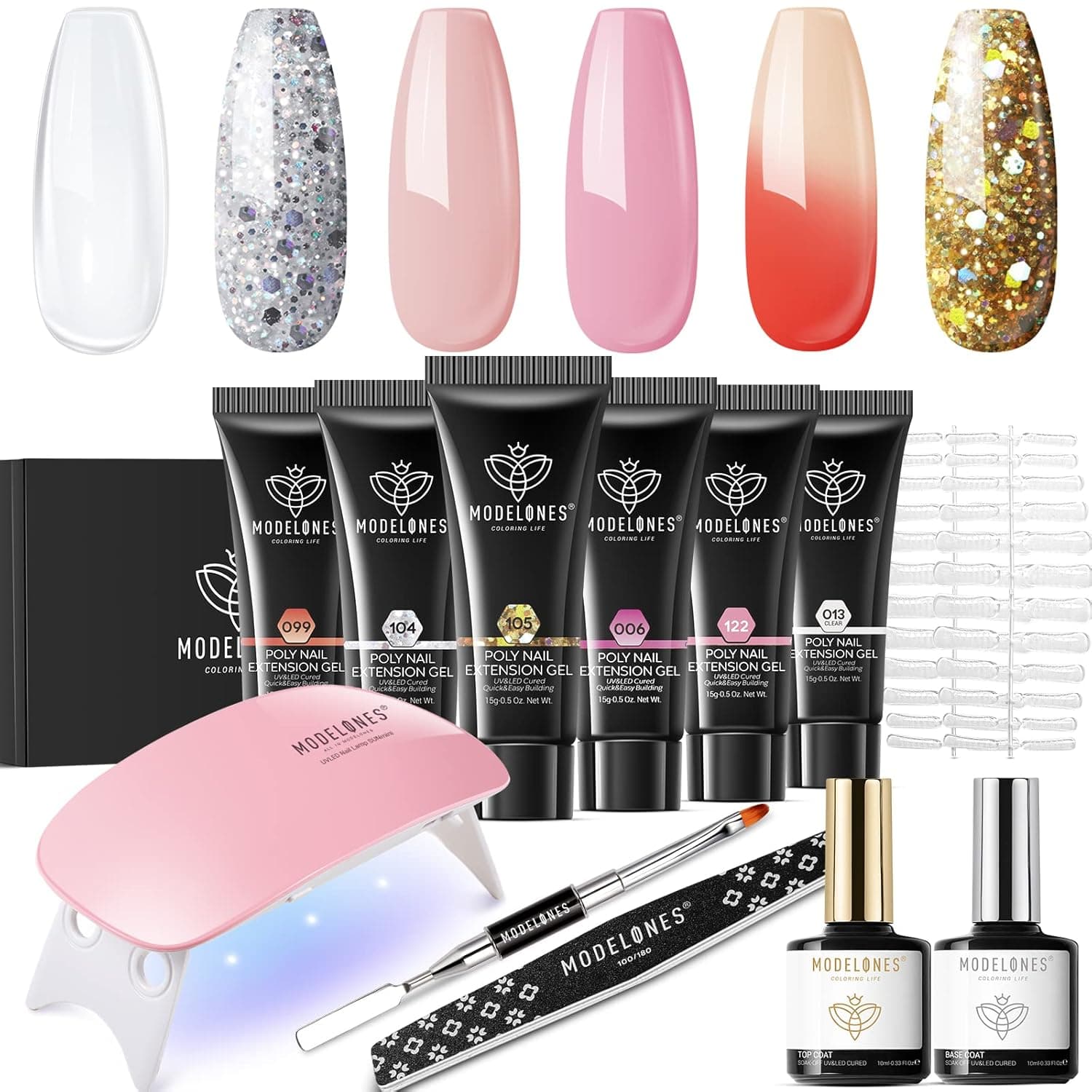modelones Poly Nail Gel Kit - 6 Colors Glitter Temperature Color Changing Builder Nail Extension Gel Kit Winter Party Shine All-in-one Kit with Nail Lamp Base Top Coat Set for Starter DIY for Women
