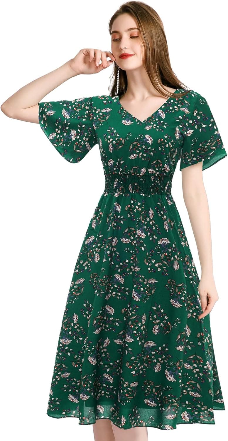 Chiffon Floral Summer Sun Beach Dresses for Women 2023 with V Neck Elastic Waist