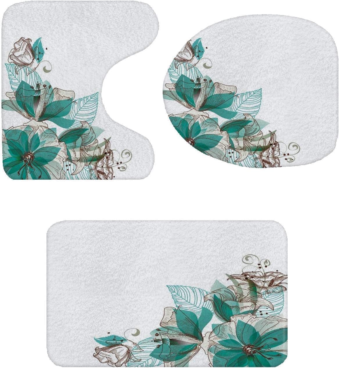 3 Piece Mint Flower Bathroom Rug Set Includes Non-Slip Rug, Toilet Lid Cover, Bath Mat