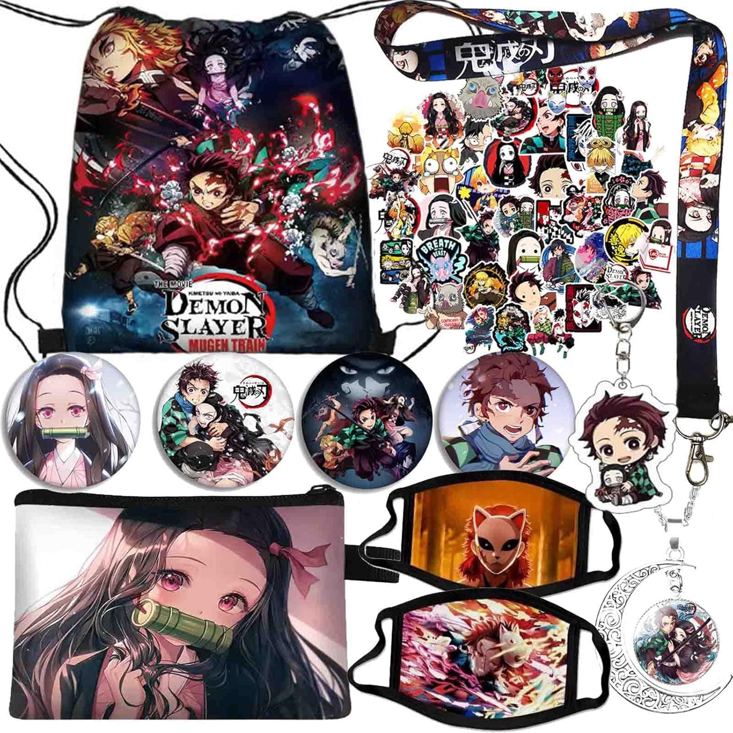 Herstar Demon Slayer Manga Gift Set, Anime Merch Drawstring Bag, Face Masks, Cartoon Stickers, Necklace, Keychain, Lanyard.