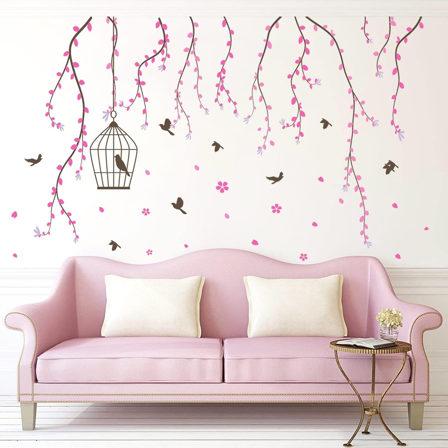 MEFOSS Pink Branch Vine Wall Stickers DIY Flowers Leaves Flying Birds Birdcage Wall Decals Peel and Stick Wall Decal Art Murals for Living Room Sofa TV Background Bedroom Classroom Office Wall Decor