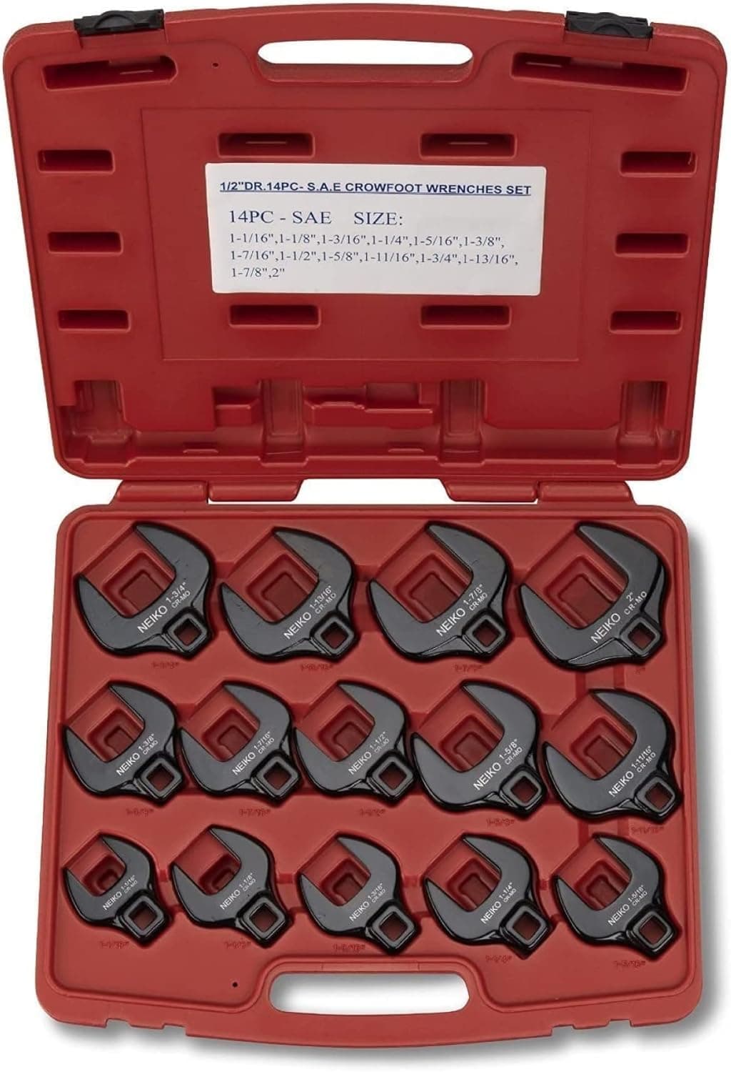 Neiko 03325A ½” Drive Jumbo Crowfoot Wrench Set | 14 Piece | SAE | 1-1/16” to 2” | Cr-Mo Steel