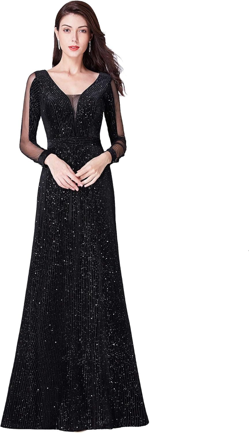 Ever-Pretty Women Elegant Long-Sleeve V Neck Glitter Formal Evening Dress 4US Black