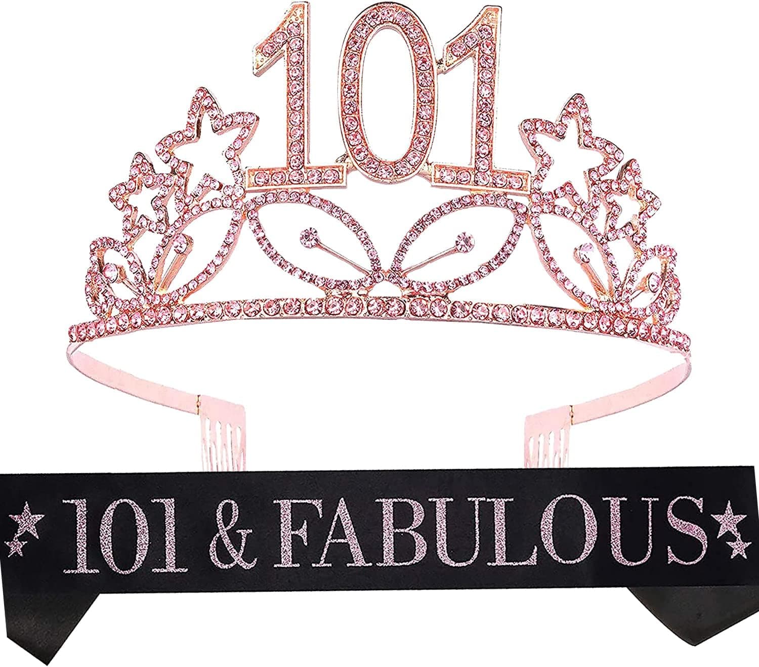 MEANT2TOBE 101st Birthday Sash and Tiara for Women - Fabulous Glitter Sash + Stars Rhinestone Pink Premium Metal Tiara for Her, 101st Birthday Gifts for 101 Celebration