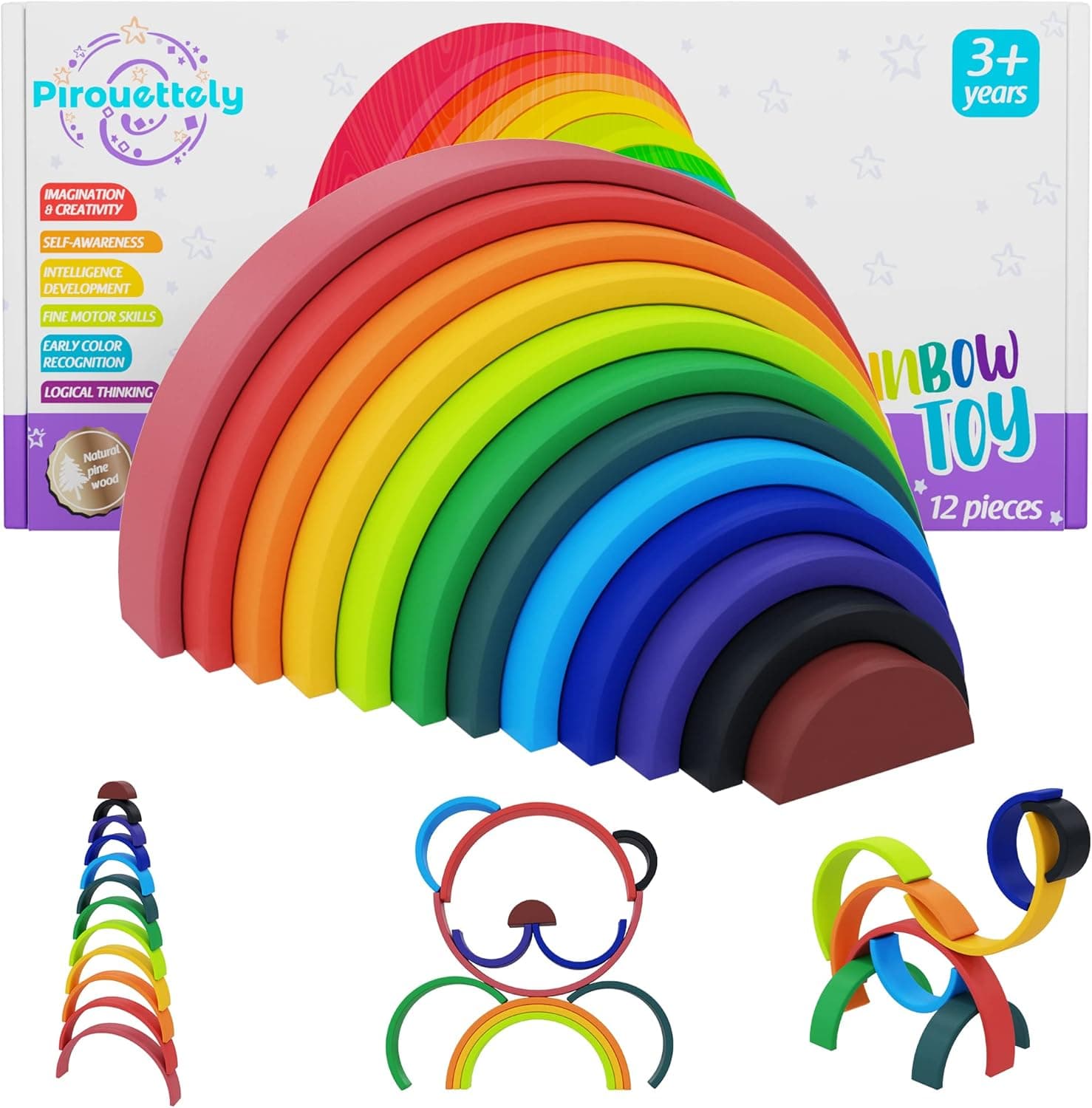 Pirouettely Extra Large Rainbow Stacker (12 Pieces) – Bright Colors Rainbow Stacker Wooden Toy – BPA Free Stacking Wooden Rainbow - Wooden Rainbow Stacker for Kids - Wooden Baby Toy, 14” x 7” x 2.75”