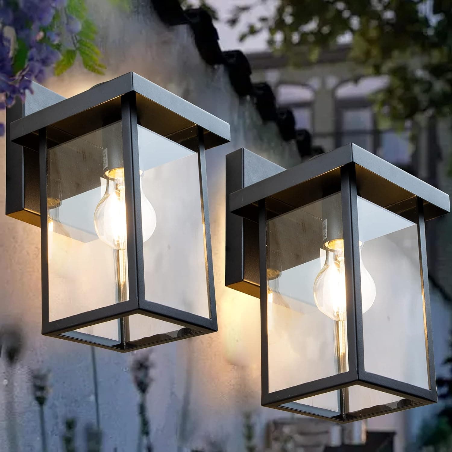 2Pack Dusk to Dawn Sensor Outdoor Wall Sconce, Exterior Wall Lantern Fixture with E26 Base, Wall Mount Lights Anti-Rust Waterproof Matte Black Wall Lamp with Clear Glass Shade for Garage, Doorway