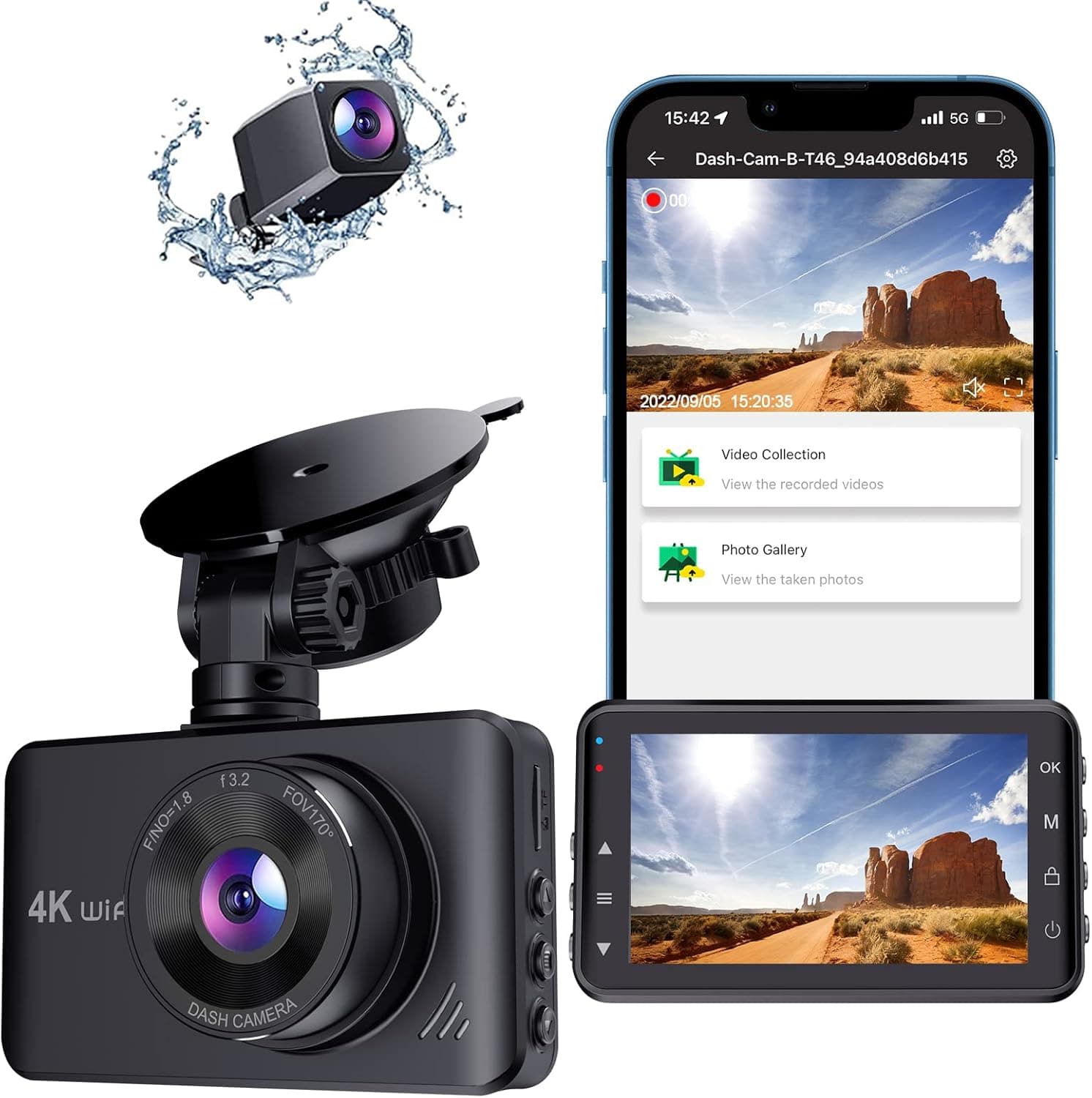 Dash Cam Front Rear, 4K Full HD Dash Camera for Cars, Built-in Wi-Fi and Free app, 3 inch IPS Screen, Super Night Vision, 170°Wide Angle, WDR, Parking Mode