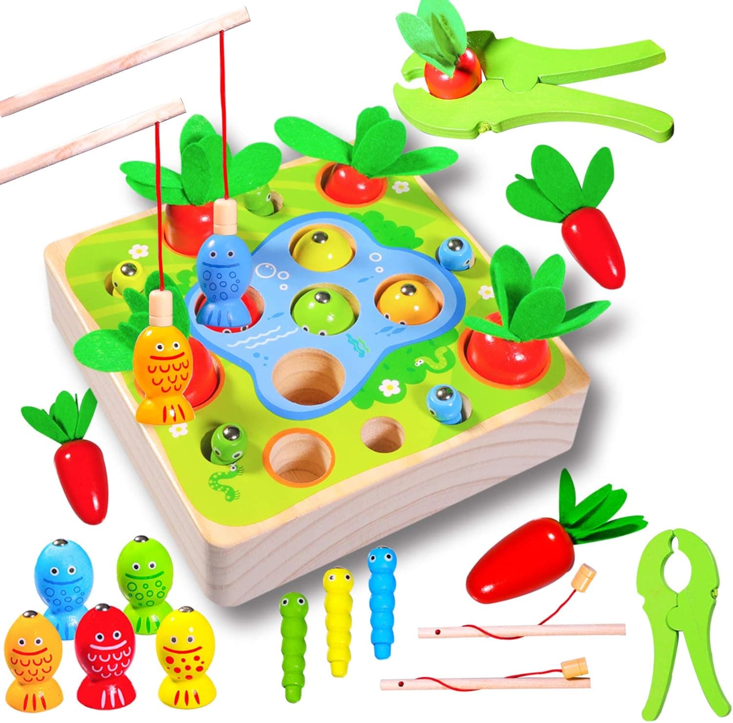 HeyKiddo Wooden Montessori Toys for Toddler, 3 in 1 Newest Version, Carrot Harvest, Fishing Games, Catching Worm, Sorting Puzzle Toy for Baby, Educational Toys for Kids 1 2 3 4 Year Old Boys & Girls