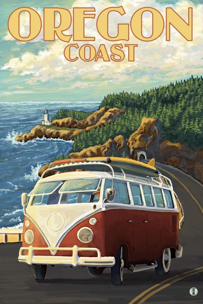 Camper Van Cruising the Oregon Coast (9x12 Art Print, Wall Decor Travel Poster)