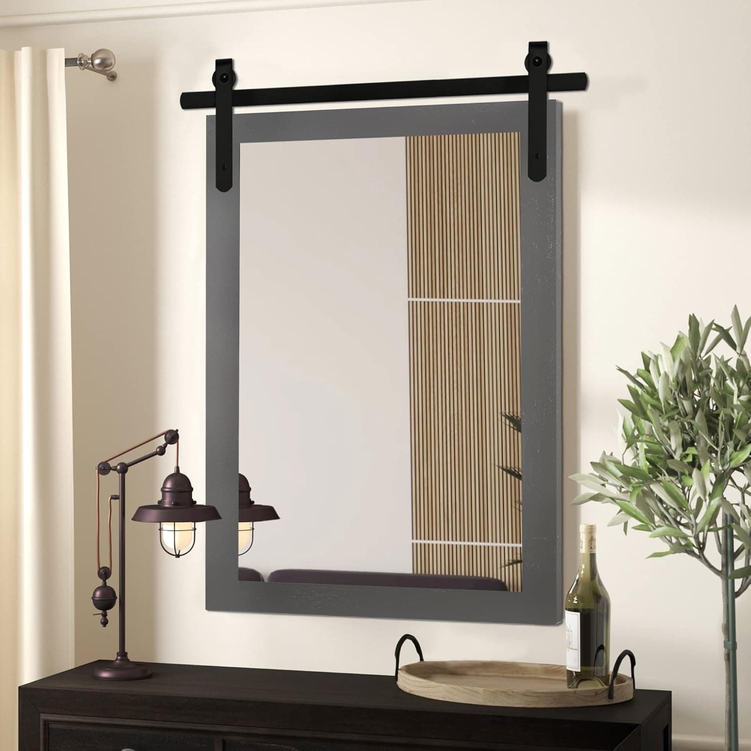 Clavie Farmhouse Wall Mirror Rustic Horizontal Wood Framed Bathroom Mirror, Barn Door Style Decorative Mirrors, 22"x30" Gray