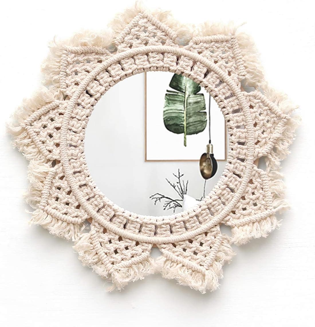 BlueMake Hanging Wall Mirror with Macrame Handmade Home Decoration Living Room Bedroom Corridor (D)