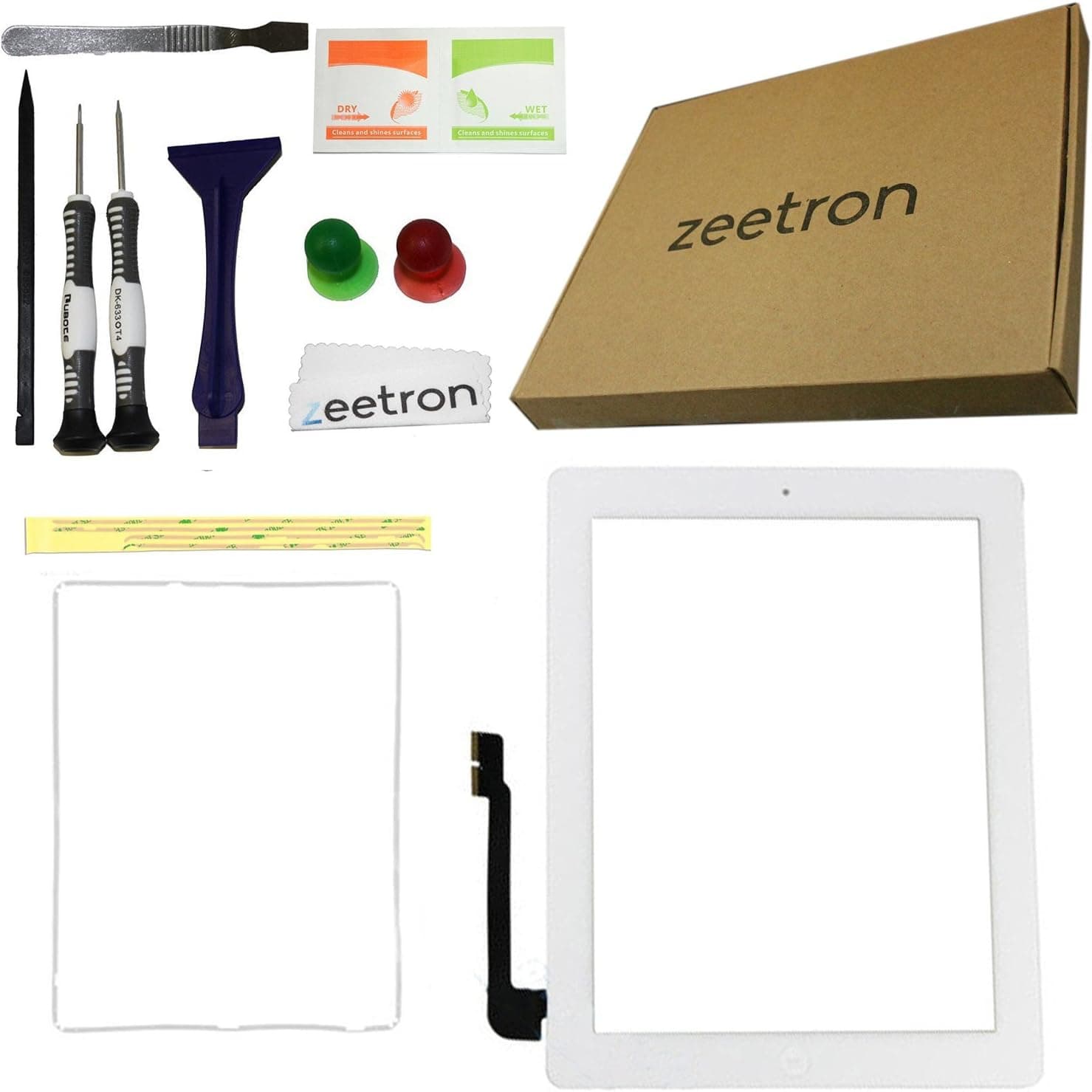 Zeetron Replacement Glass Digitizer Screen Kit for iPad 4 White- Includes Opening Tools 7p, Adhesive Sticker, Zeetron Microgiber Cloth