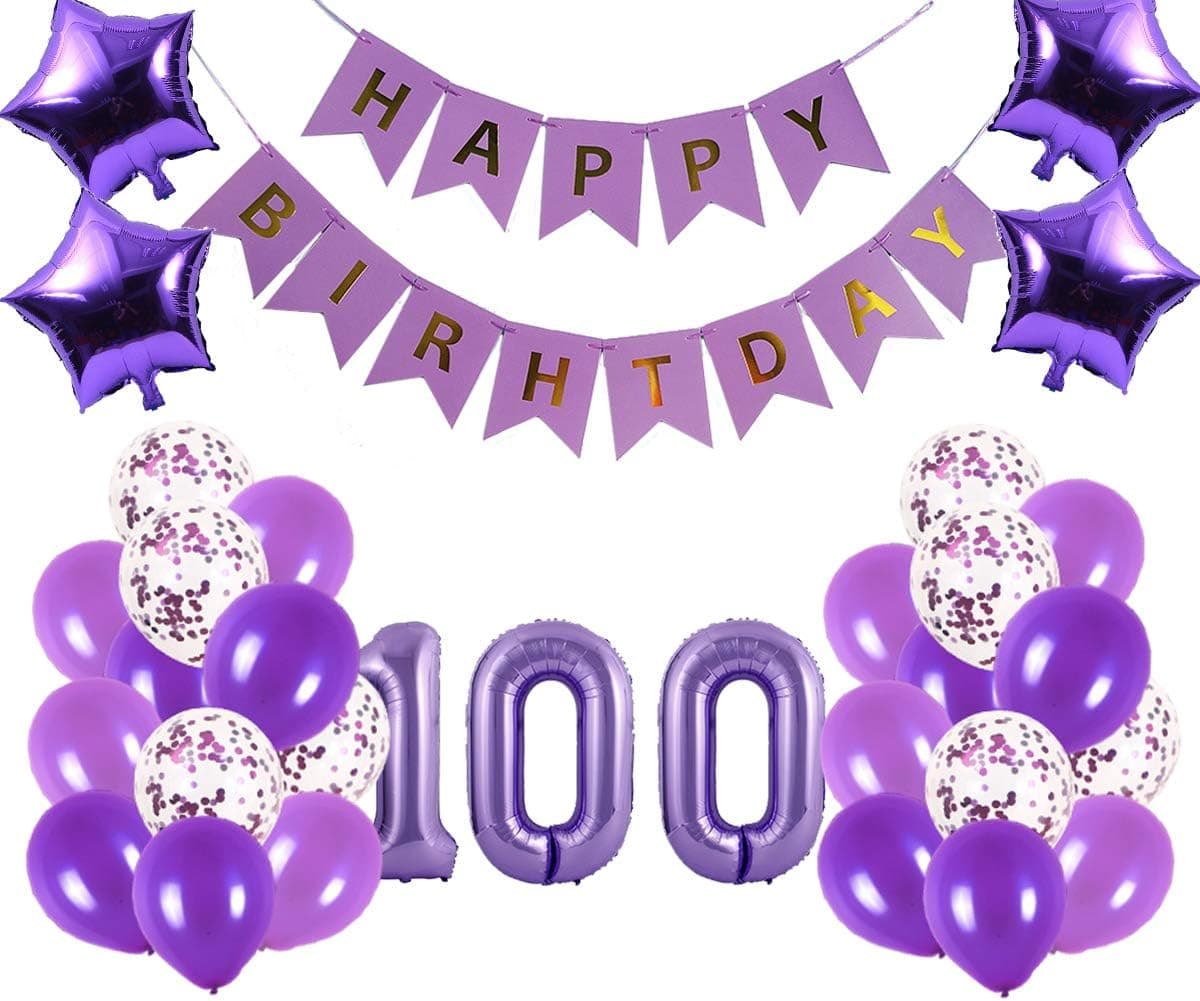 100th Birthday Party Decorations Kit Happy Birthday Banner with Number 100 Birthday Balloons for Birthday Party Supplies 100th Purple Birthday Party Pack