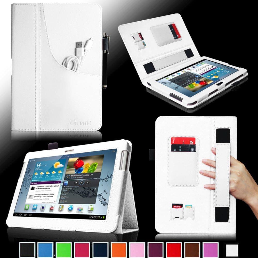 Fintie Folio Plus Leather Case Cover with Elastic Hand Strap/Front Pocket/ Multiple Card Slots/ Stylus Holder for Samsung Galaxy Tab 2 10.1 inch Tablet - White