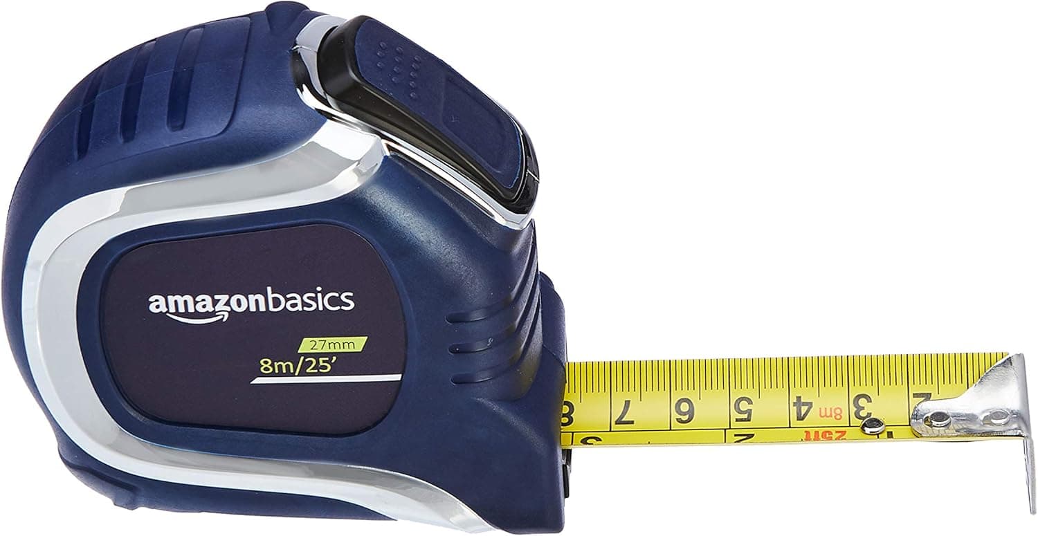 Amazon Basics Heavy Duty Tape Measure - 25-Feet (8-Meters), Inch/Metric Scale, MID Accuracy, Chrome