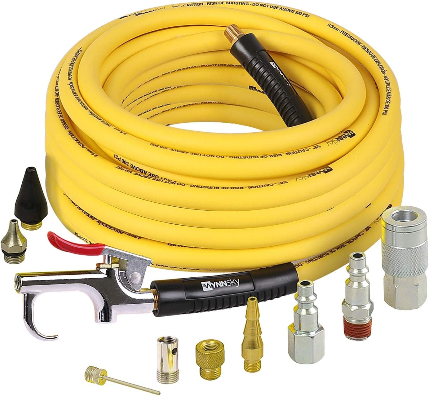 WYNNsky Air Compressor Accessories Kit, 3/8 Inch × 50 Feet Hybrid Air Hose with 1/4 Inch Male NPT Brass Connection, Bend Resistent, 3 Pieces Industrial Air Fittings, Air Blow Gun with 6 Pieces Nozzles