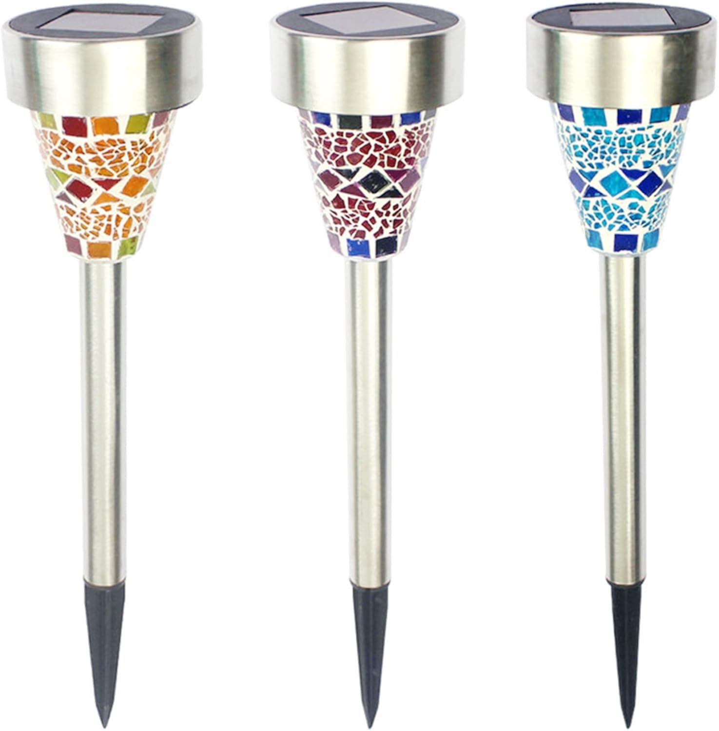 Cell XS(TM) 3 Pack Solar Powered Stainless Steel Pathway LED Accent Outdoor Mosaic Tube Light Stand for Lighting Patios, Walkways, Driveways and More