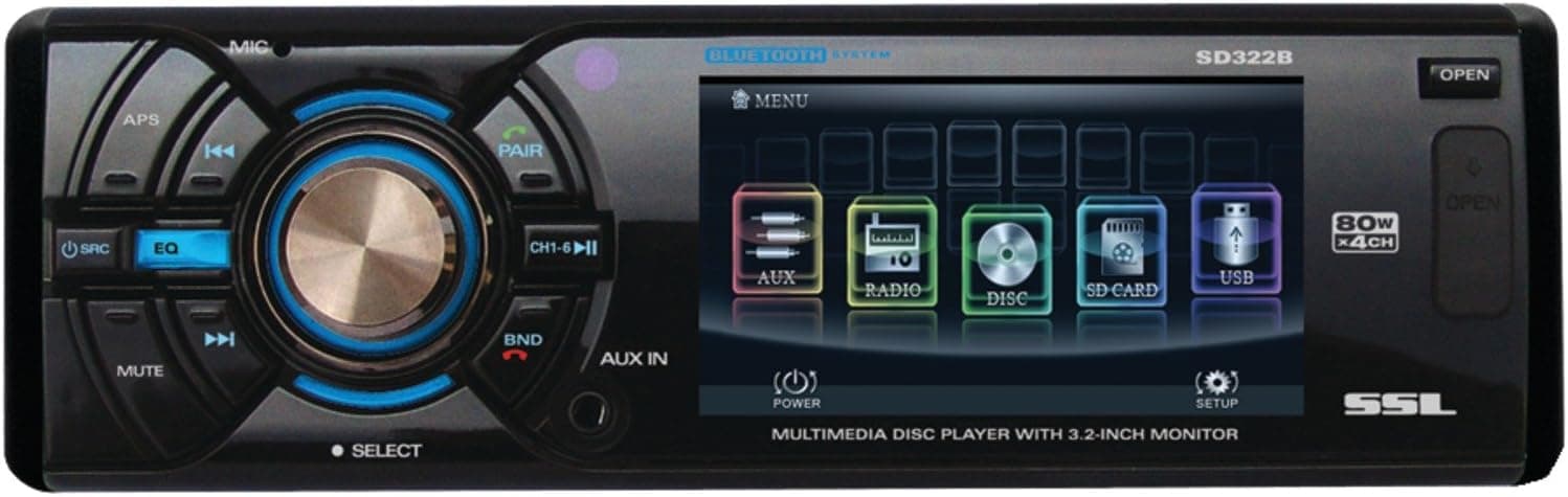 SSL SD322B In-Dash Single-Din 3.2-inch Motorized Detachable Touchscreen DVD/CD/USB/SD/MP4/MP3 Player Receiver Bluetooth Streaming Bluetooth Hands-free with Remote