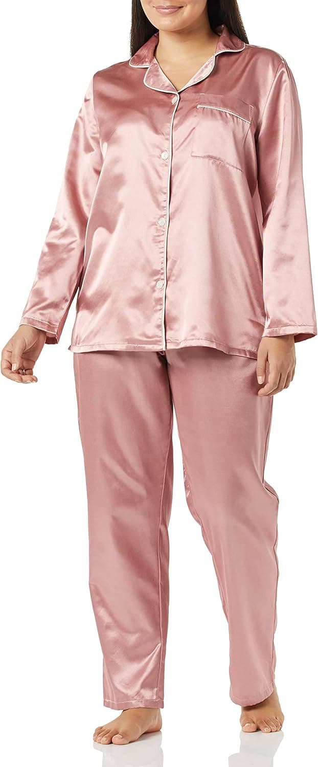 AmeriMark Womens Classic Satin Pajama Set Silky PJ Long Sleeves Button Up Front Mauve Snow Medium