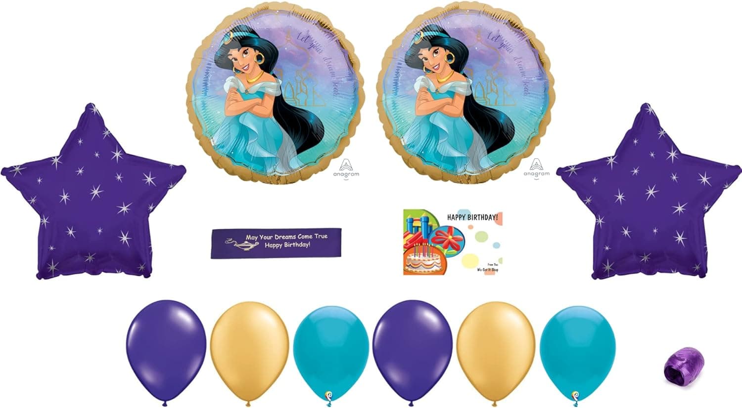 Aladdin Jasmine Party Supplies Featuring Aladdin Balloons, Jasmine Balloons and WGIS We Got It Shop Printed Happy Birthday Ribbon