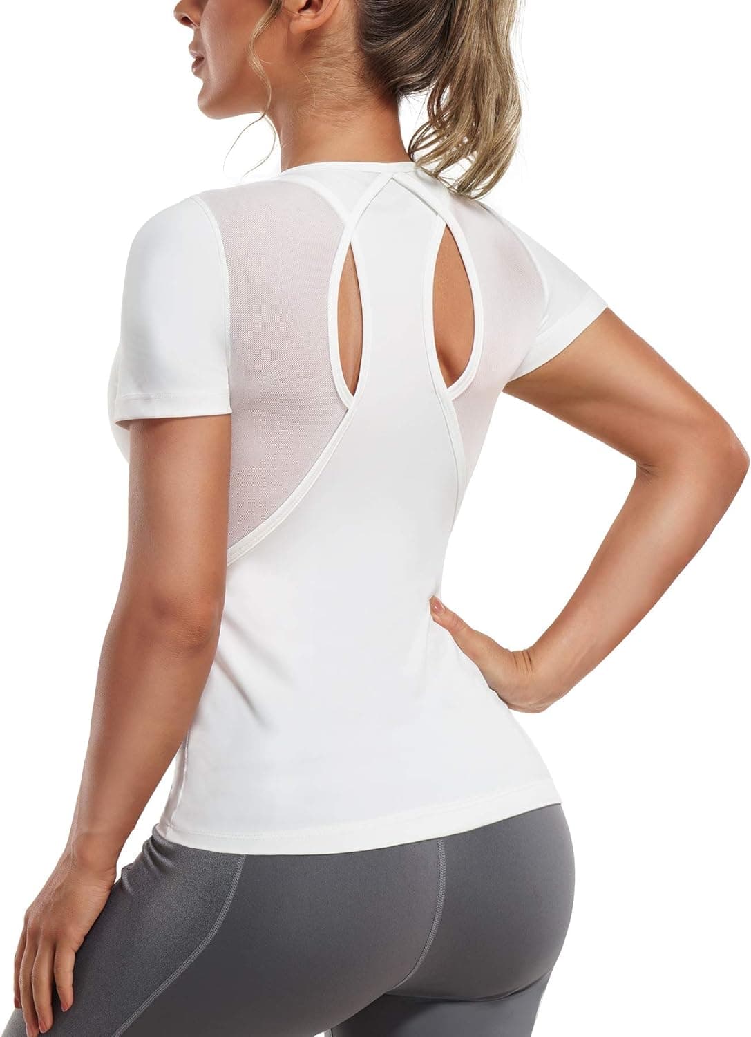 TrainingGirl Workout Tops for Women Short Sleeve Mesh Racerback Yoga Shirts Athletic Running Gym T-Shirt with Built in Bra