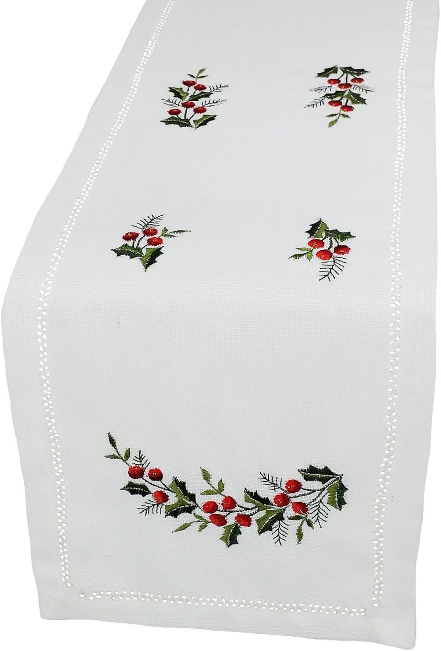 Xia Home Fashions Holly Berry Embroidered Hemstitch Christmas Table Runner, 15-Inch by 54-Inch
