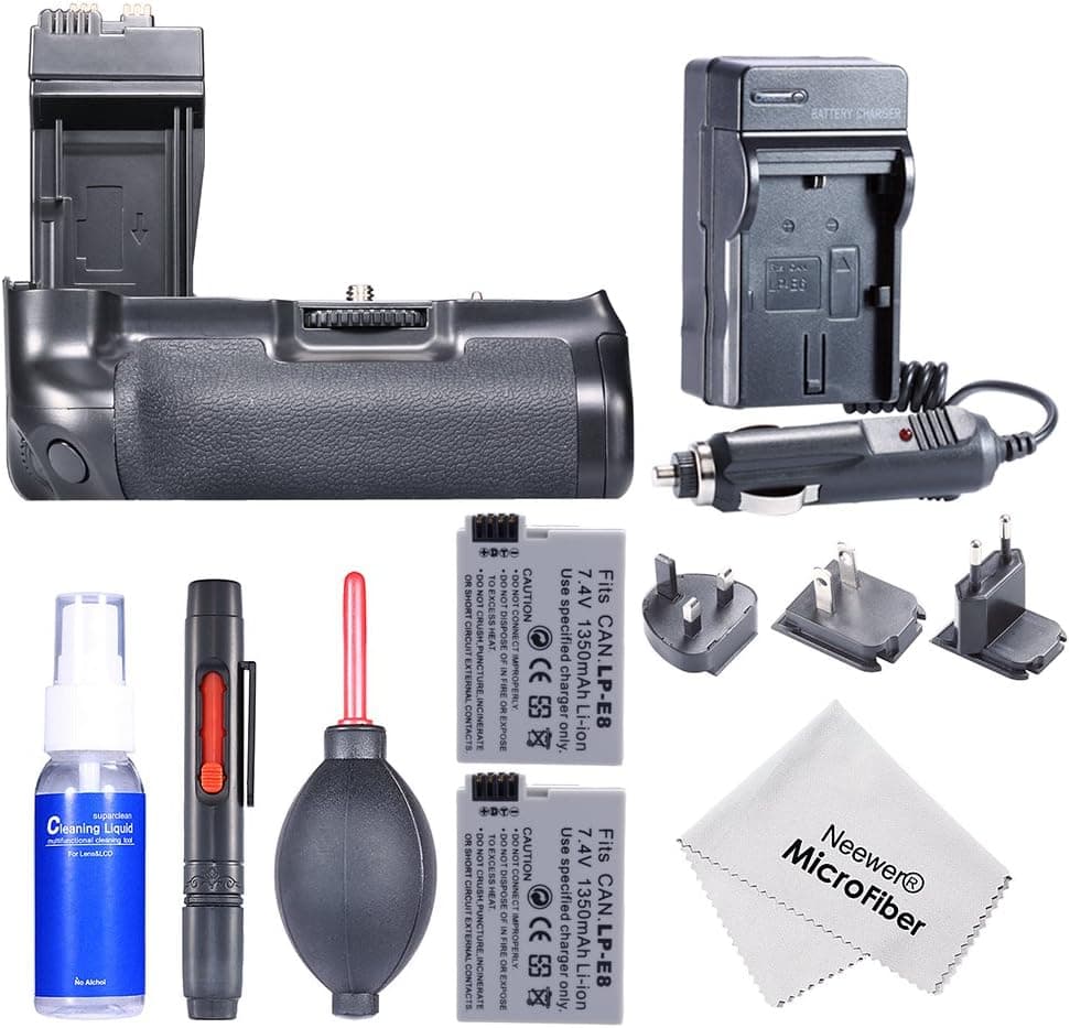 Neewer Pro Battery Grip Replacement BG-E8 + 2PCS Replacement LP-E8 Battery Pack 7.4V 1350mAh + 4 In 1 Home Wall Charger with US UK EU Plug with Car Adapter + 4- Piece Professional Cleaning Kit (Includes Lens Cleaning Pen System + Air Blower Cleaner + Handy Empty Spray Bottle + Microfiber Cleaning Cloths) for Canon EOS 550D/600D/650D/700D Rebel T2i/T3i/T4i/T5i SLR Camera