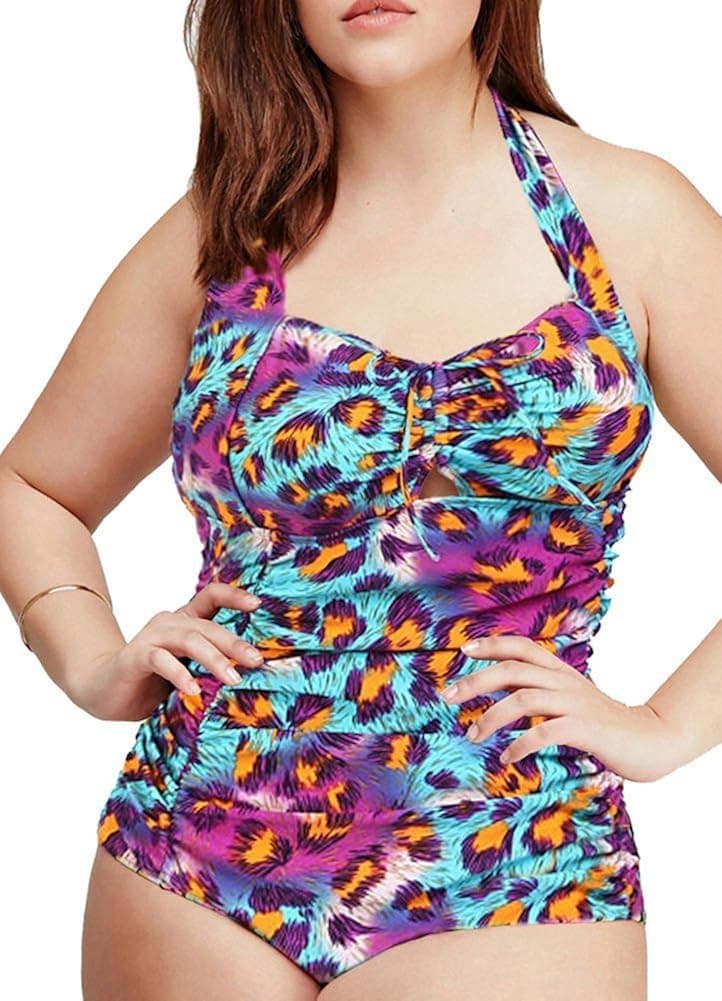 QZUnique Women's One Piece Bathing Suit Tummy Control Swimwear Halter Ruched Swimsuit Plus Size Vintage Monokini