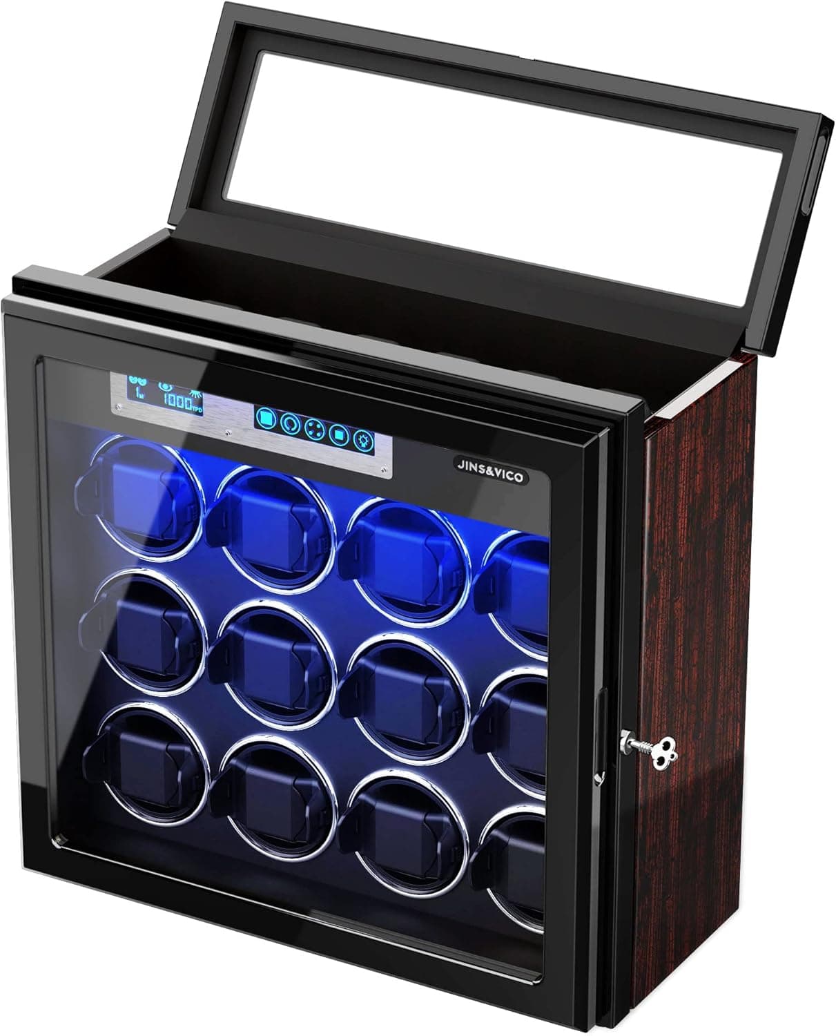 LUKDOF Watch Winder for 12 Automatic Watches, Watch Winder Box with 6 Storage Spaces, Adjustable Watch Pillows for Universal Watch, Wooden Shell, Built-in Blue LED Illumination, Ultra-Silence
