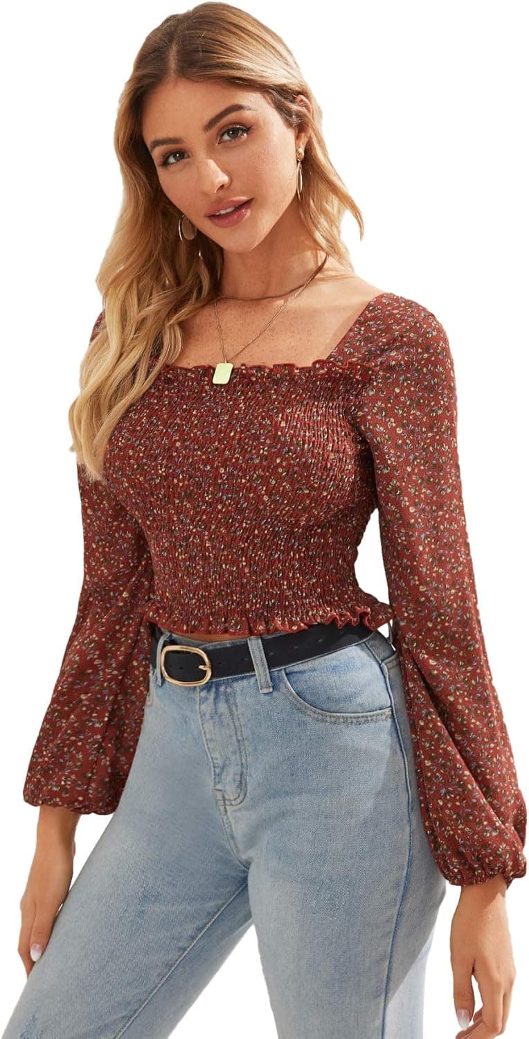 SOLY HUX Women's Ditsy Floral Print Square Neck Long Sleeve Frill Smocked Crop Top Blouse Red XL