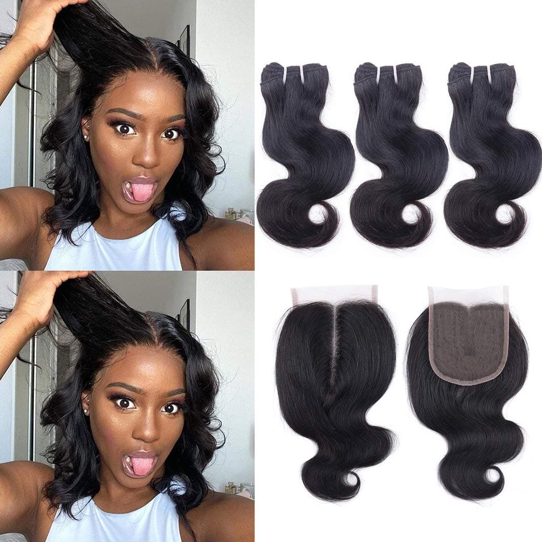 Brazilian Hair Bundles with Closure Body Wave 10A Virgin Human Hair Bundles with Closure 4x4x1 Wet N Wavy 3 Bundles with Closure Middle T Part Short Bob Human Hair (10 10 10+10，50g/Bundles）