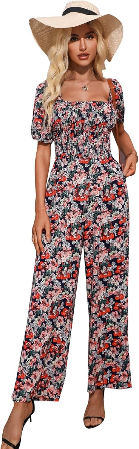 Love Welove Fashion Women's Floral Short Sleeve High Waist Wide Leg Pants Casual Loose Smocked Jumpsuit Romper