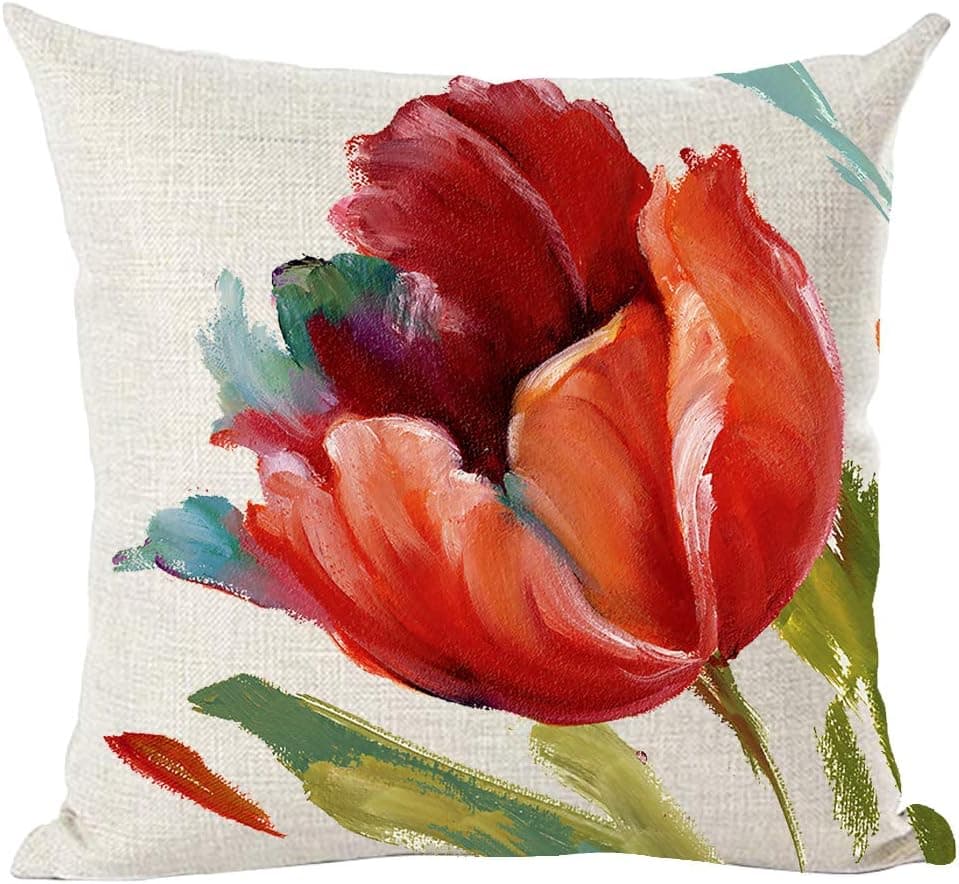 Ramirar Ink Oil Painting Watercolor Red Orange Poppy Flower Gift for Flower Lover Decorative Throw Pillow Cover Case Cushion Home Living Room Bed Sofa Car Cotton Linen Square 18 x 18 Inches