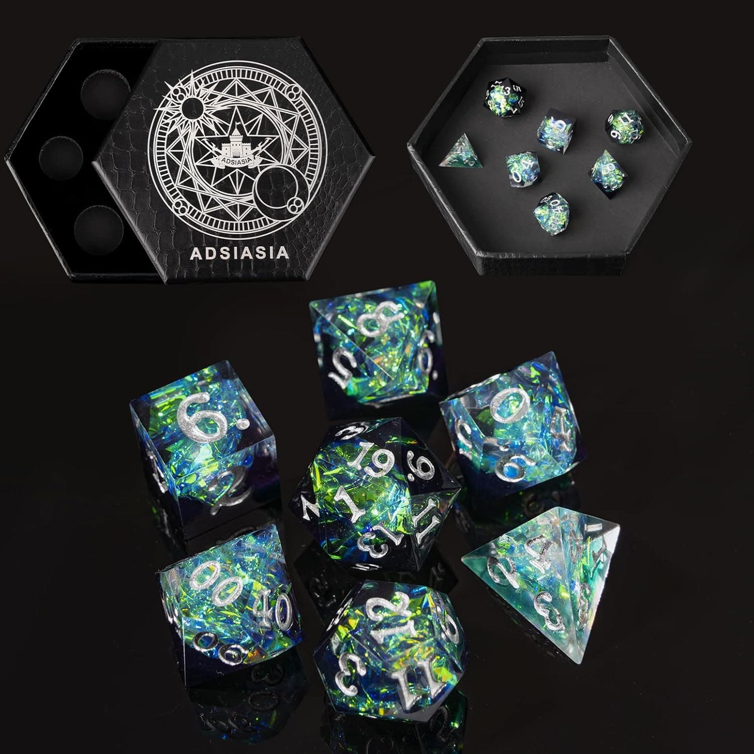 DND Dice Set Resin Polished Edge Polyhedral Dice Set D&D RPG Suitable for Dungeons and Dragons Role Playing Games Dice Gift Box Sharp-Edged Band Sparkling Laser inclusions(Transparent Green Color)…