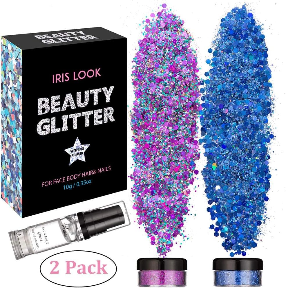 HITOP Body Glitter, 2 Pack Christmas Hair Glitter Festival with Gel, Face Glitter Makeup for Girls (Rose Violet & Sky Blue)