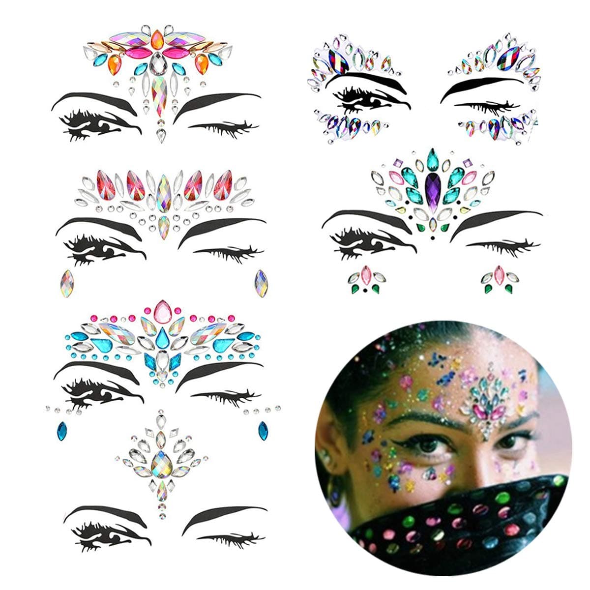Kyerivs Face Jewels Stickers Women Crystal Rhinestone Multicolor Crystals Sticker Temporary Stickers Forehead Body Decorations& Freebie Inside (Pattern Set 1)