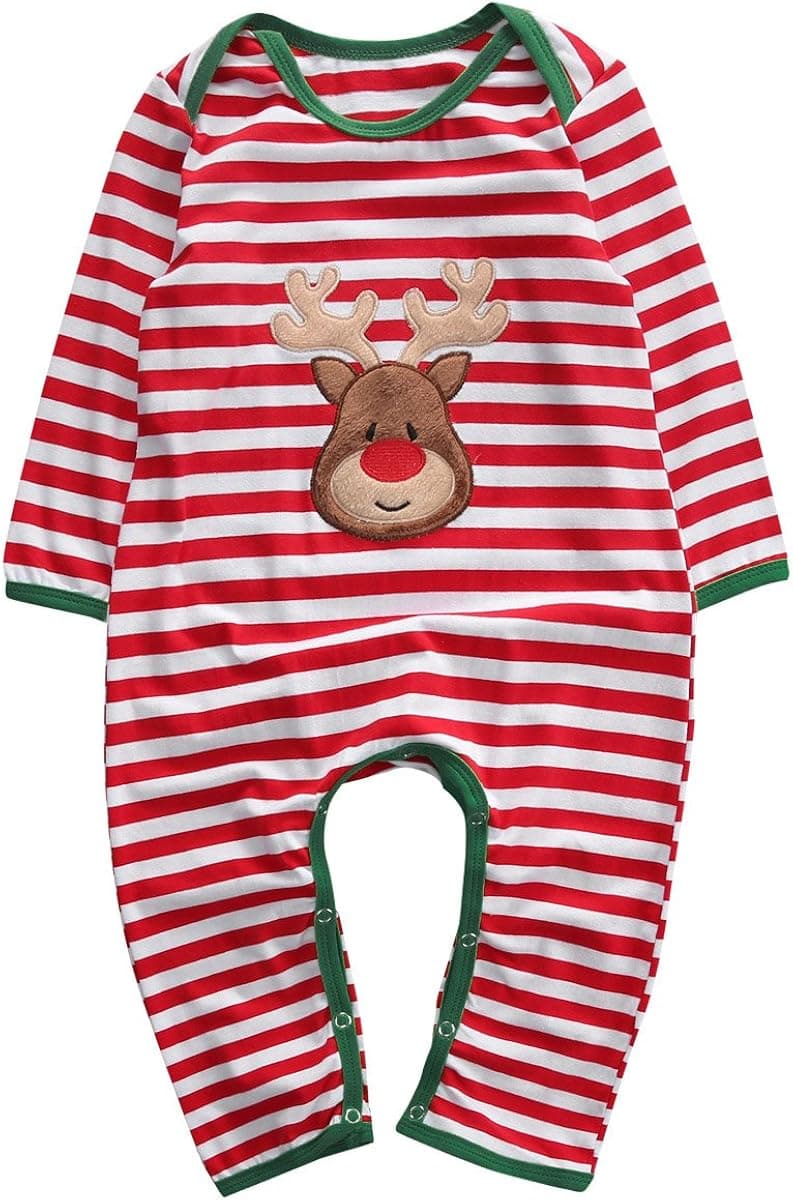 Baby Boys Girls Long Sleeve Christmas Striped Red Nose Reindeer Romper Jumpsuit