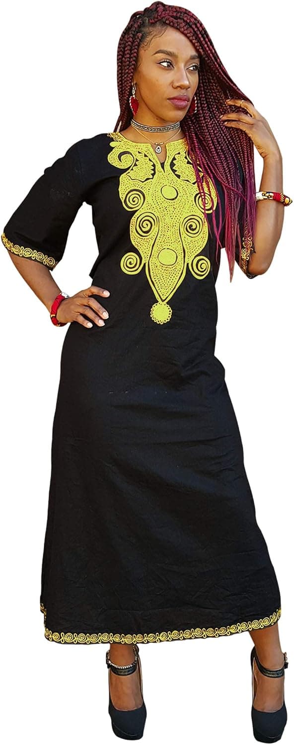 Black and Gold Traditional African Embroidered Dashiki Dress