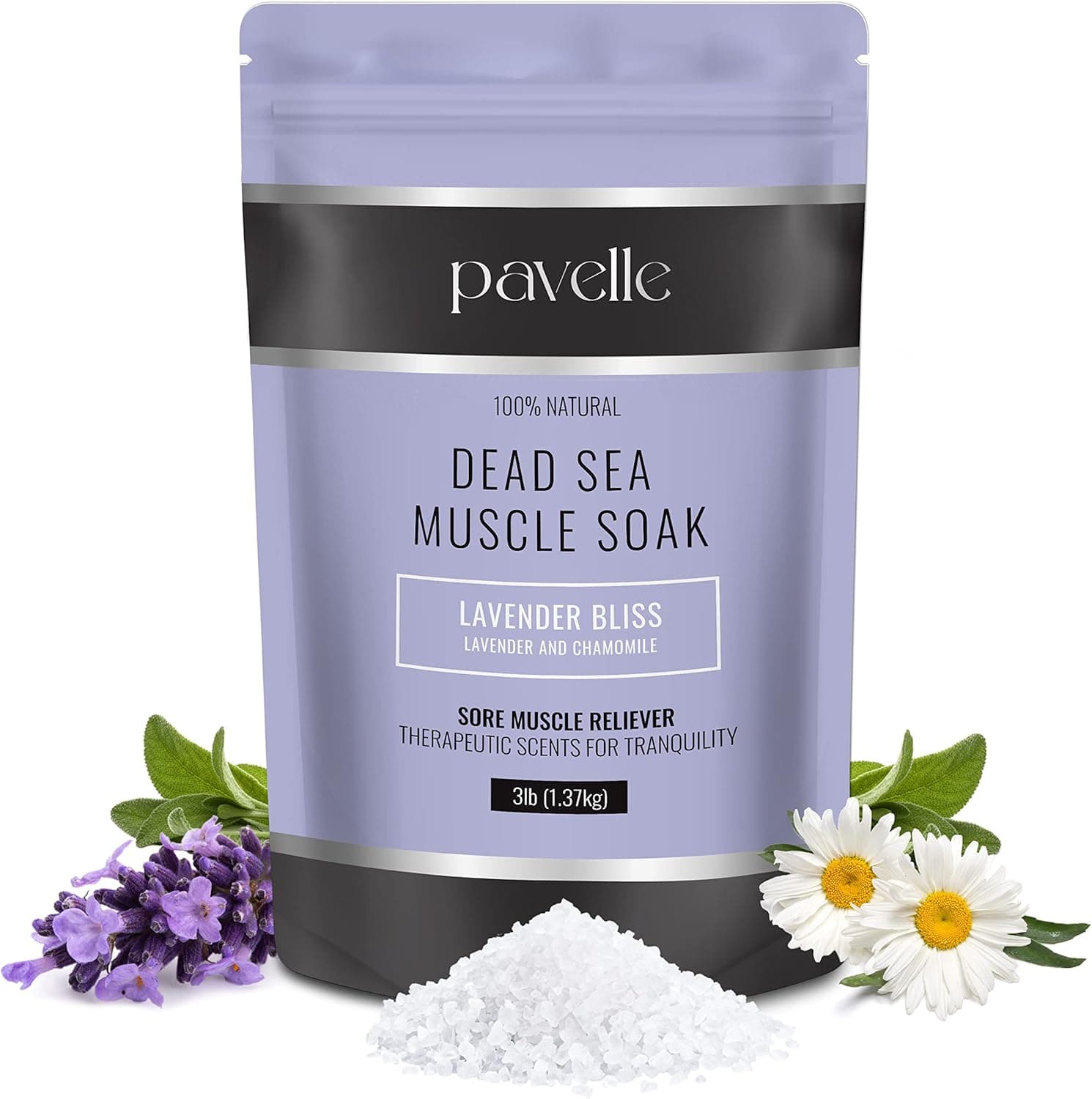 Pavelle Dead Sea Muscle Soak 100% Natural Bath Salts for Men & Women with Magnesium Flakes & Soothing Eucalyptus, for Athletes Post-Workout Soreness, & Pain, Made in USA, Lavender Bliss, 3 lbs.