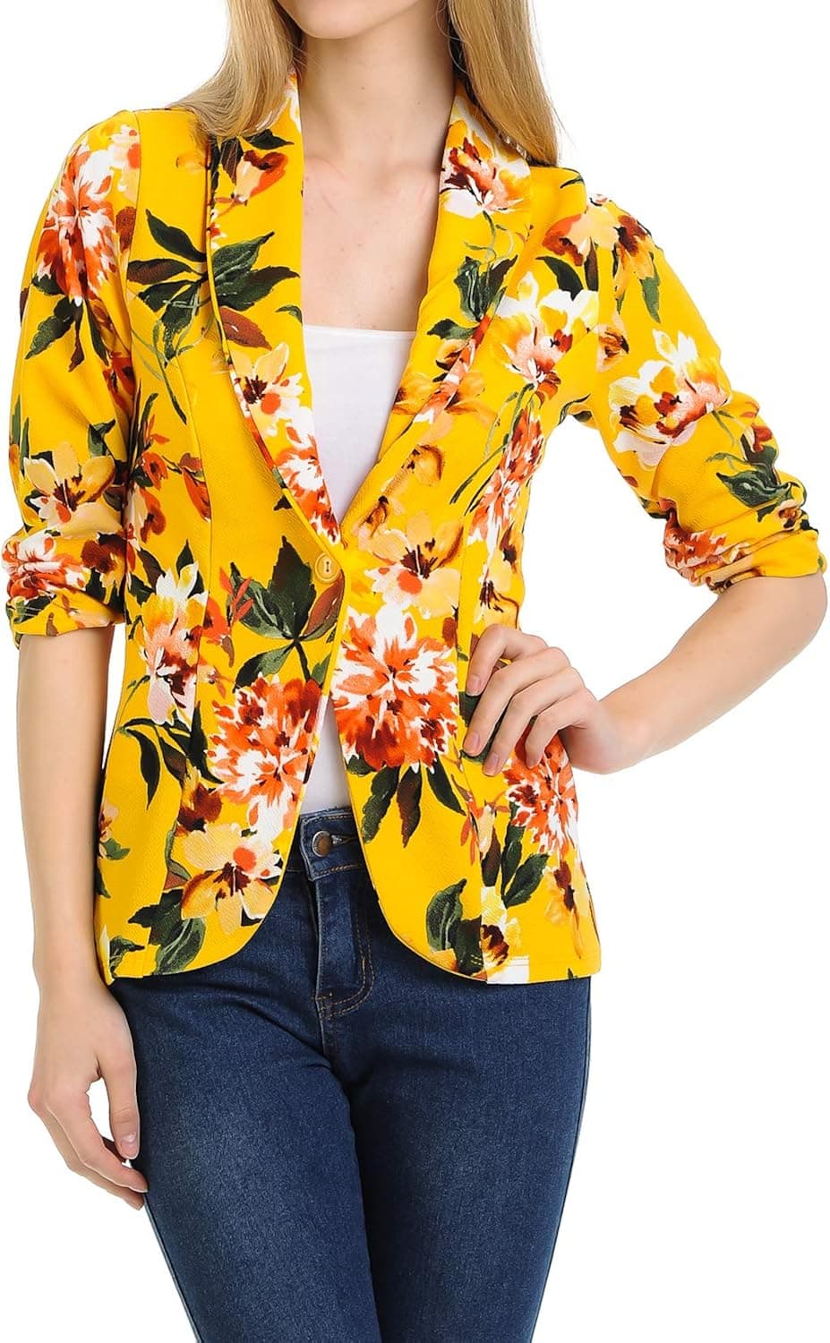 MINEFREE Women's 3/4 Ruched Sleeve Lightweight Work Office Blazer Jacket MUSTARDCORAL M