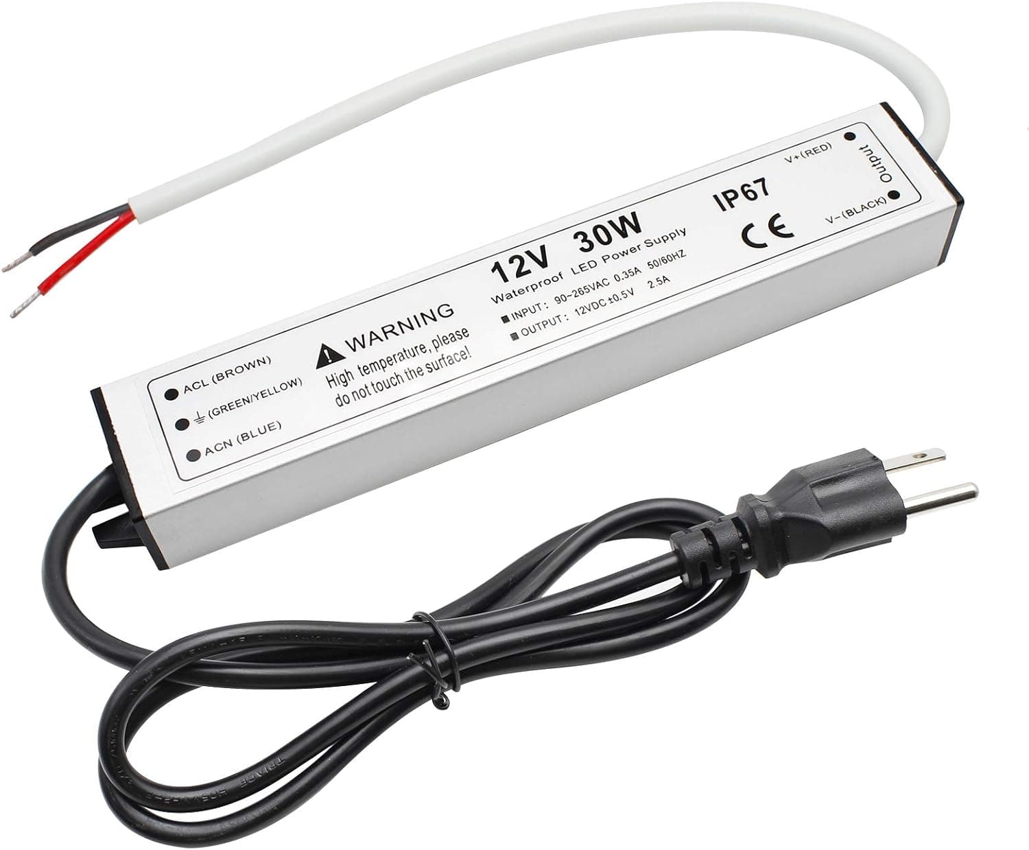 30W 12 Volt LED Power Supply, Waterproof IP67 LED Driver, 110V AC to 12V DC Converter, LED Transformer Low Voltage Output with 3-Prong Plug 3.3 Feet Cable for LED Light Strip, 2.5Amp