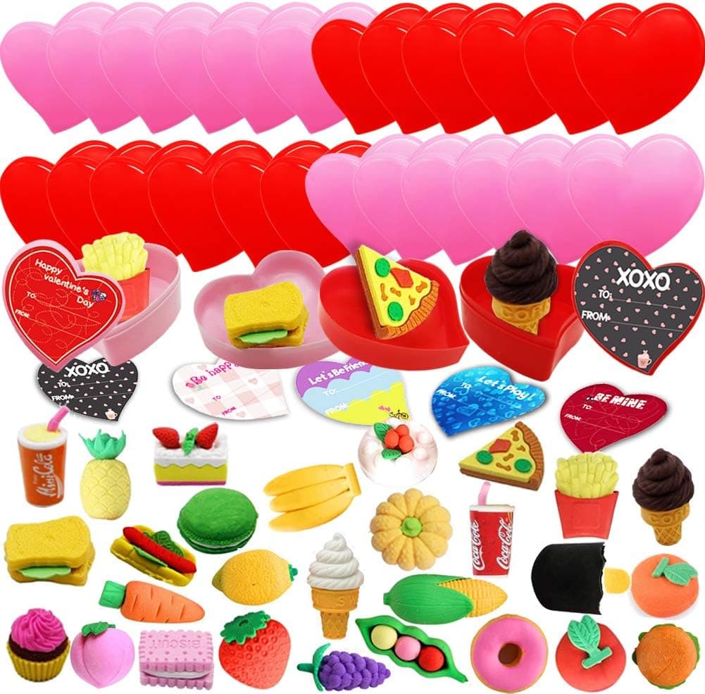 28 Packs Kids Valentines Party Favors Set with Fruits Food Puzzle Erasers Filled Hearts and Valentine Sticker for Kids Valentine Day School Classroom Game Prizes, Valentines Gift Exchange Supplies