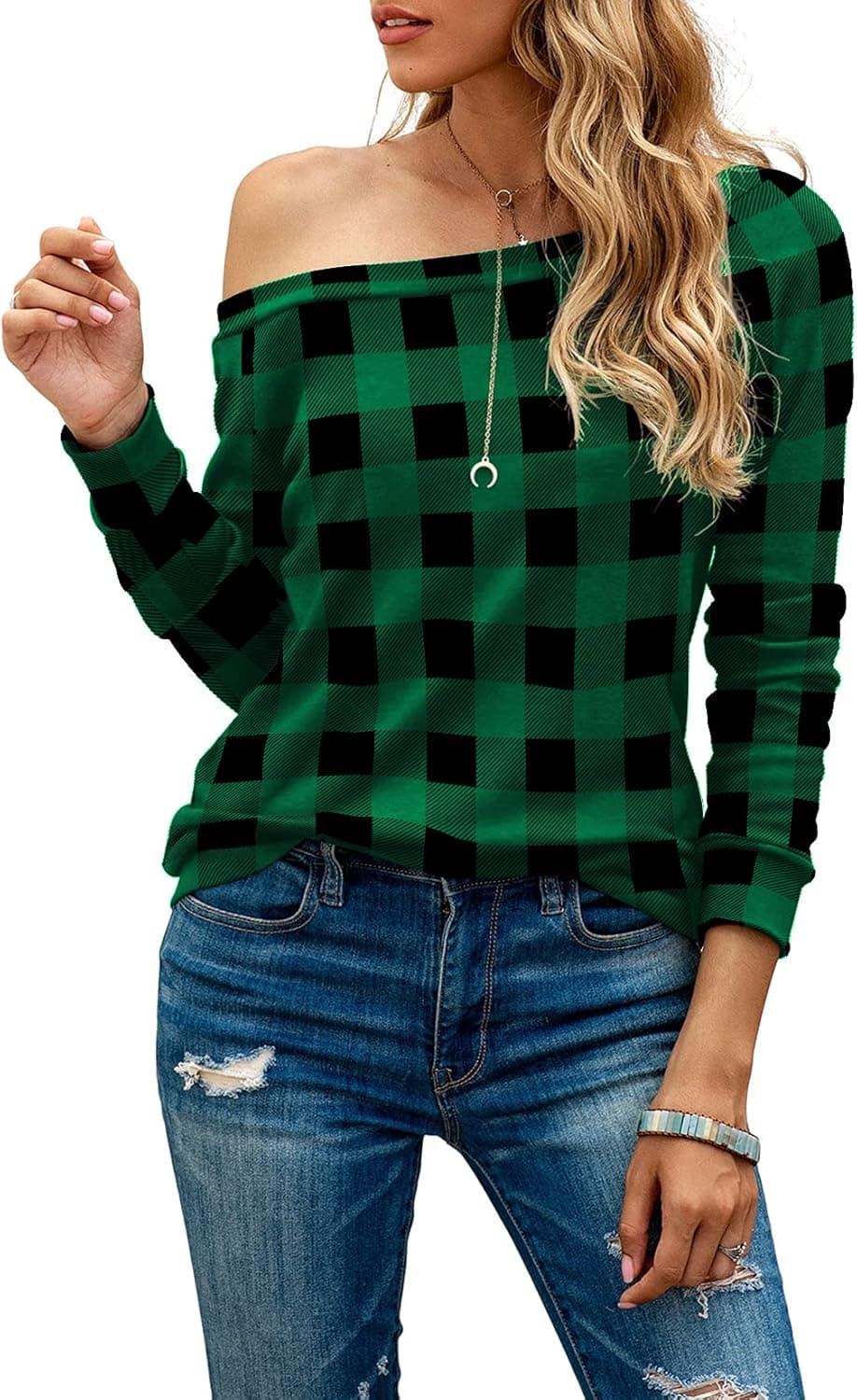 HIYIYEZI Women's Long Sleeve Boat Neck Off Shoulder Blouse Tops