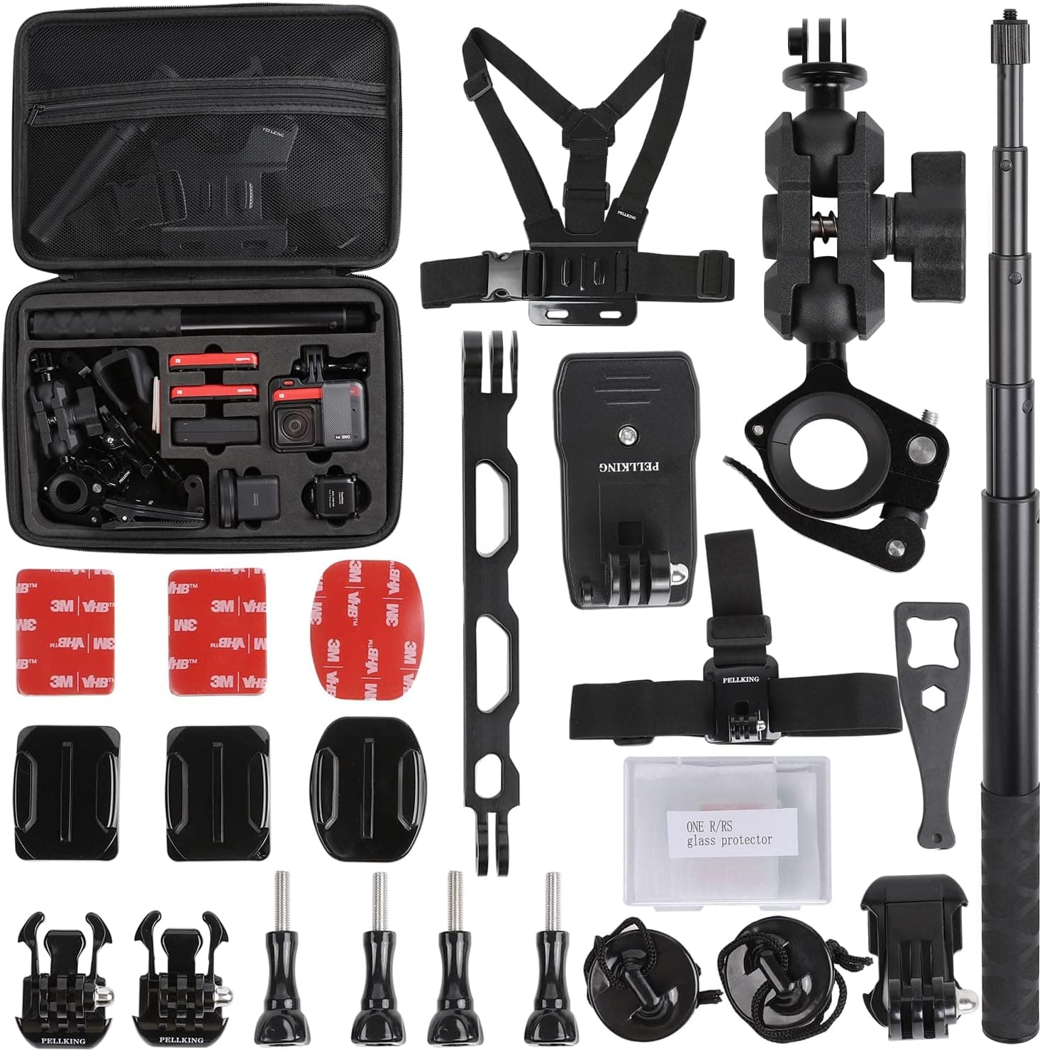 PellKing Motocycle Bike Accessory Bundle for Insta360 ONE RS, ONE R,Carrying Case with Shoulder Belt,Selfie Stick,Chest Strap,Head Strap,Backpack Clip,Handlebars Mount,Helmet Mount,Screen Protector