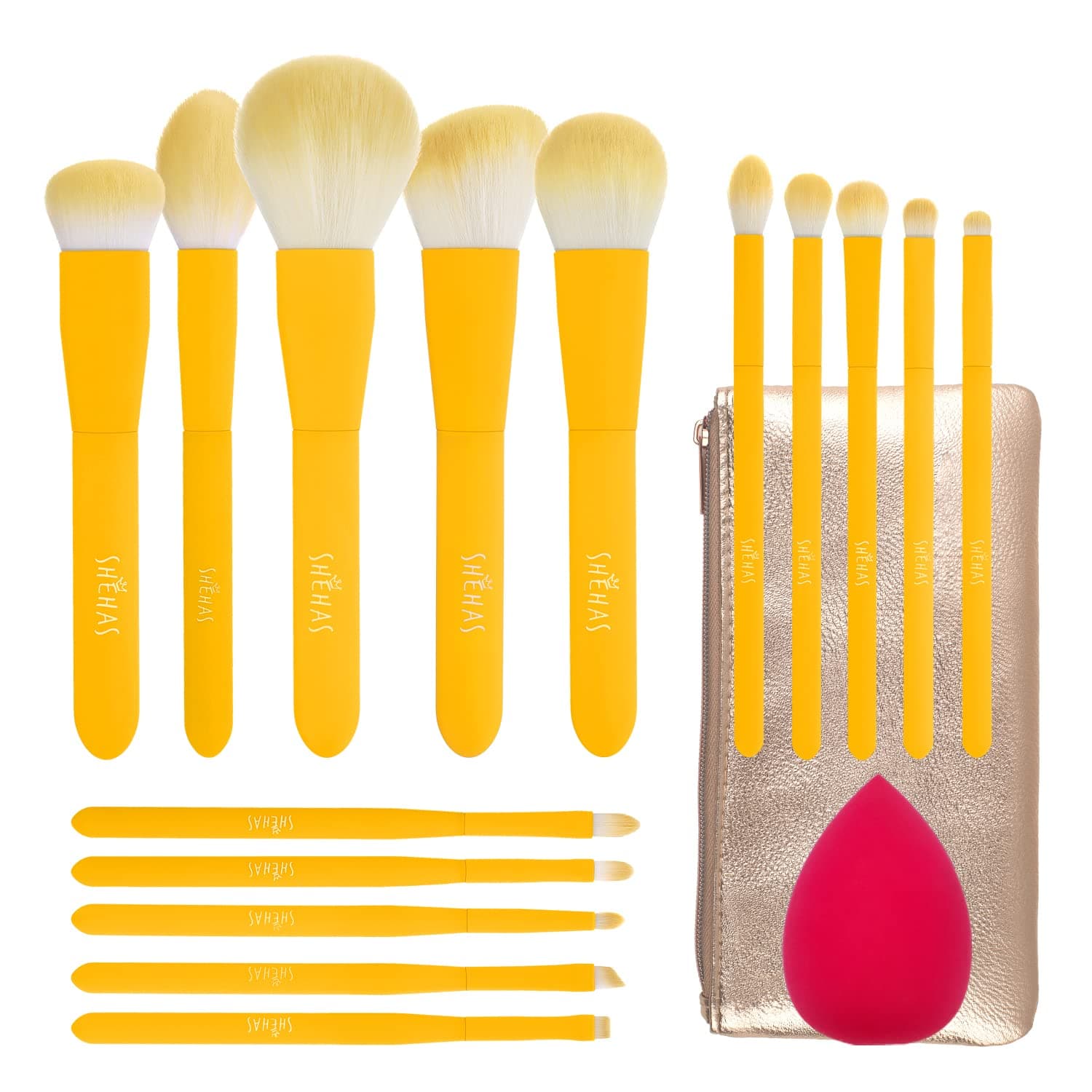SHE HAS Makeup Brush Set for Powder, Foundation, Contour, Blush, Highlighter, Eyeshadow, Premium Synthetic Make Up Brush Set with Cosmetics Bag, Set of 15 & 1 Makeup Sponge, Yellow